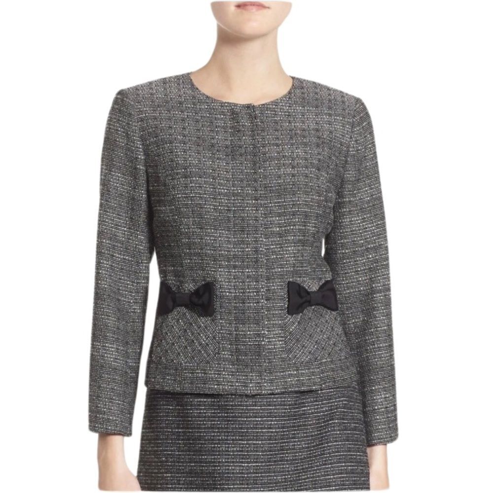 CeCe Black & White Tweed Trendy Short Blazer With Pockets Bow Details Size 12